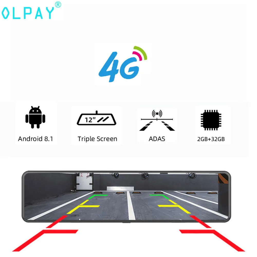 

OLPAY 12" Car DVR FHD 1080P Touch Square Screen Dash cam Rear View Camera Android 8.1 Wifi 3 split screen Rearview mirror camera