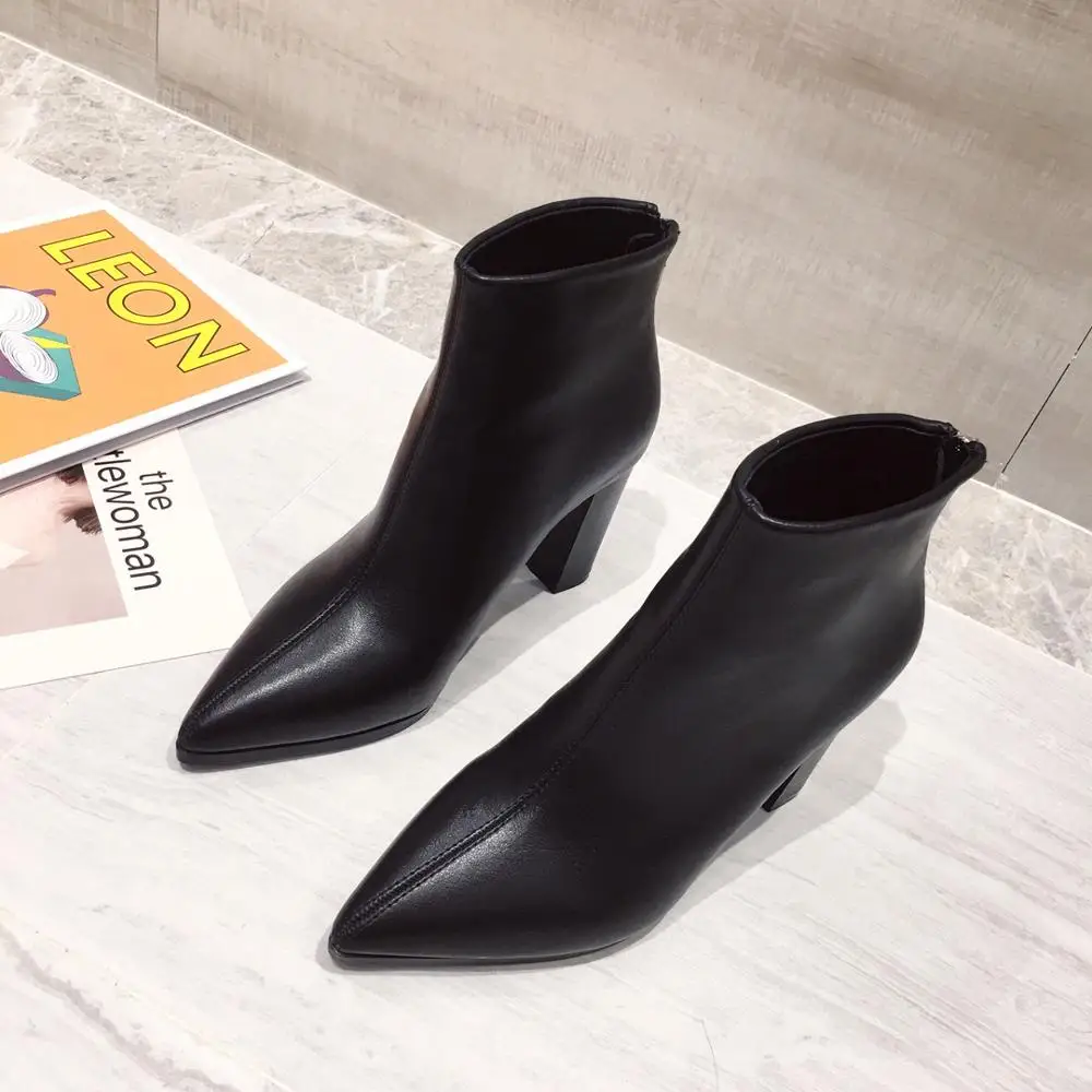 

Autumn Boots Leather Booties Women's Rubber Shoes Rain Bootee Woman 2019 Chunky Heel Round Toe Clogs Platform Zipper High Heel