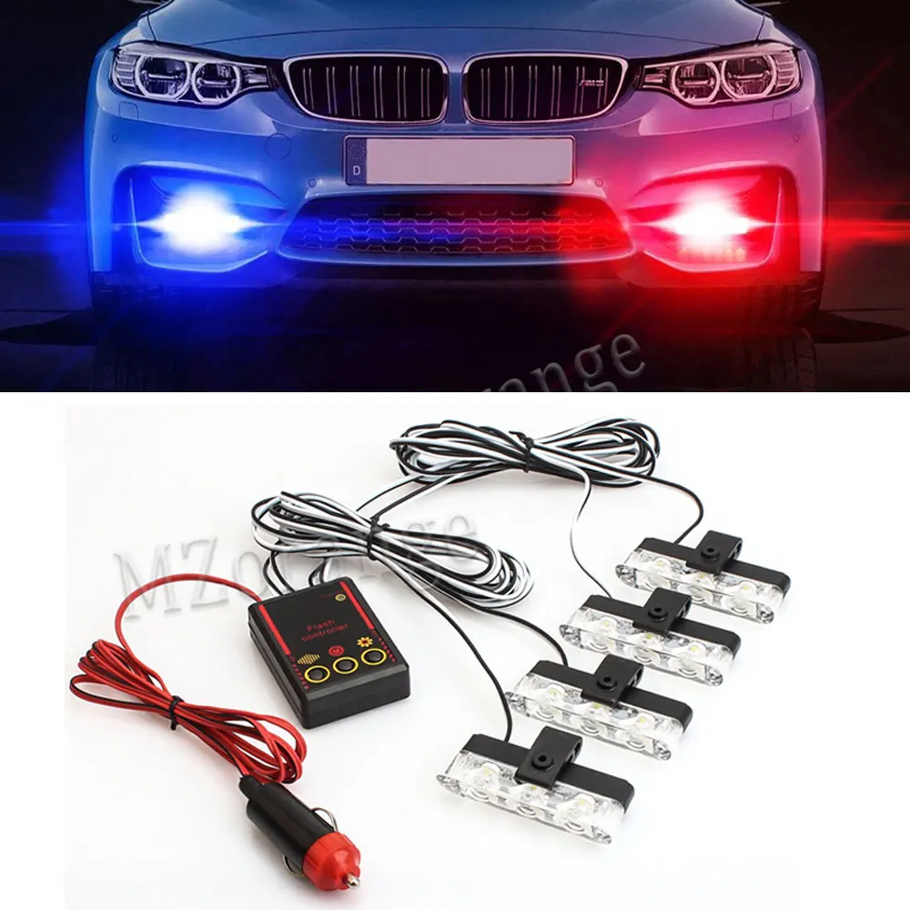 4*3 LED Auto Strobe Police Lights Cigaretteer Grill Warning Lamp 12V Motorcycles Fireman Flasher Fso Flashlight Car Accessories