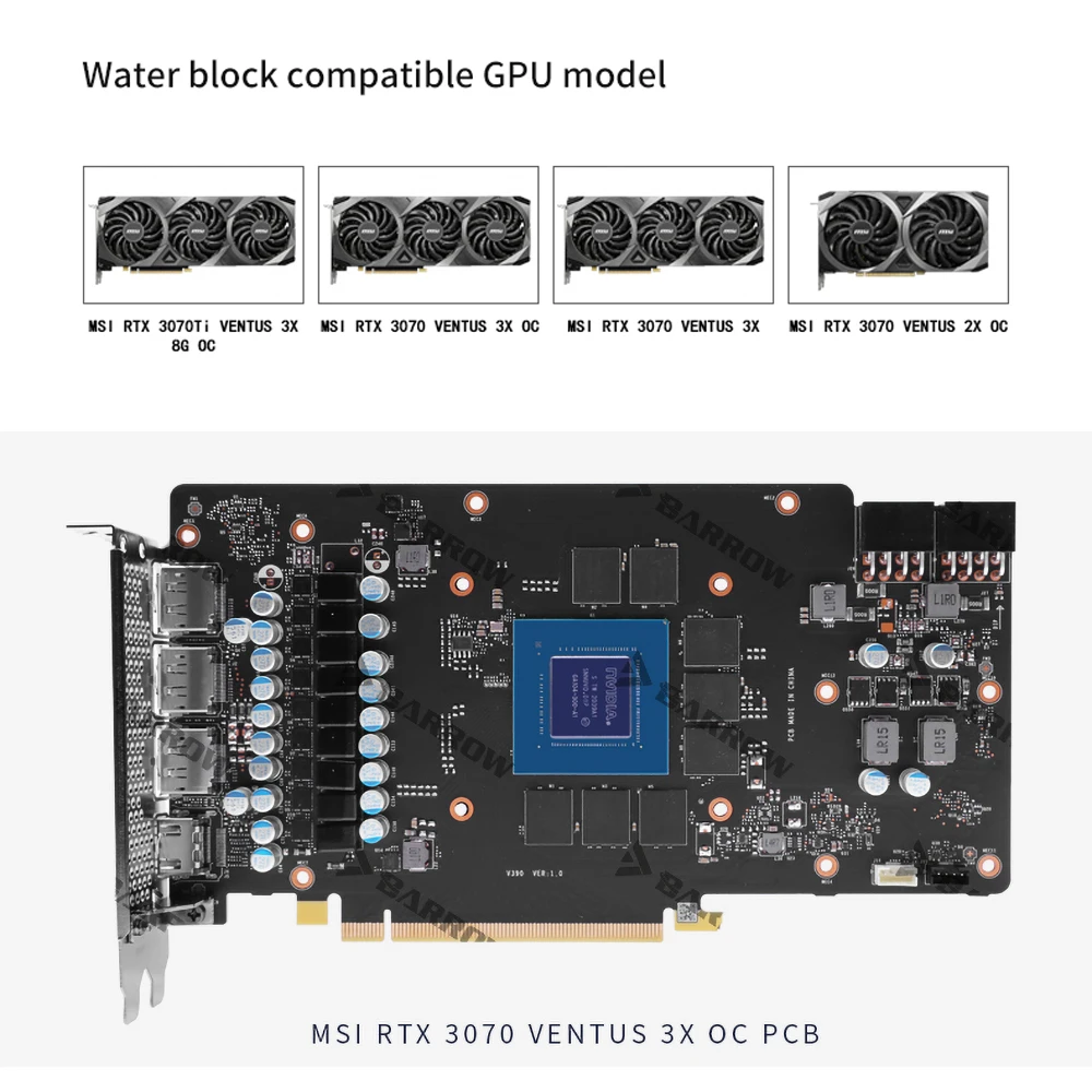 Barrow 3070 GPU Water Block for MSI RTX 3070 3070Ti VENTUS 3X OC, Full Cover ARGB GPU Cooler, BS-MSV3070-PA2  