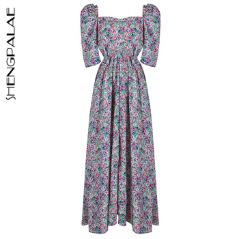 

SHENGPALAE 2020 New Summer Women Vintage Slim Was Thin Elegant Both Sides Hollow Out Square Collar Puff Sleeve Maxi Dress ZA4103