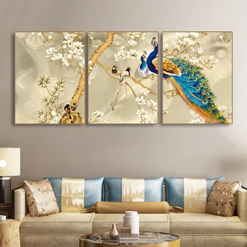 

Laeacco Canvas Painting Calligraphy Chinese Flower and Bird Peacock Posters and Prints Wall Pictures For Living Room Decoration