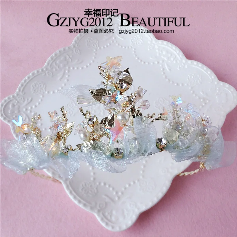 

Korean Style Bride Gold Leaves Large Crown Green-blue Dyed Yarn Headdress Crystal Star Hair Accessories Wedding Dress Ornament