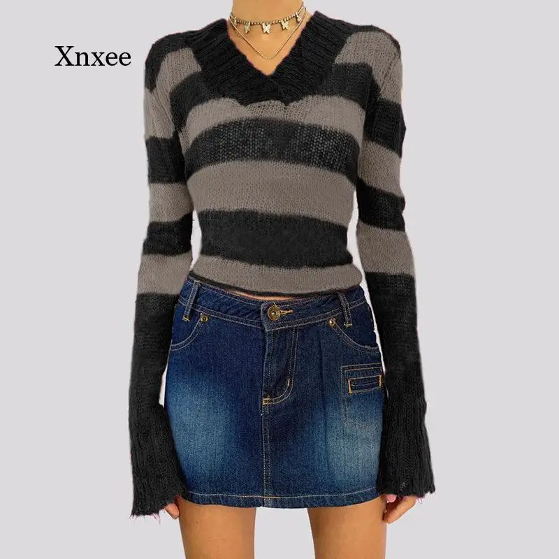 

Ins Striped Sweaters V Neck Women Loose Lazy Student Autumn Long Sleeve Chic Stylish Popular Ladies Pullovers Soft Knitted Wear