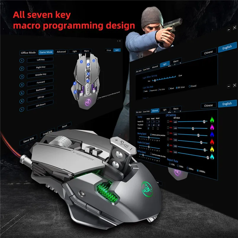 6400 DPI 7-keys Macro Definition Programmable Wired Game Mouse Gaming Mouse Mice  Aluminum alloy 3D metal roller 40NOV2824