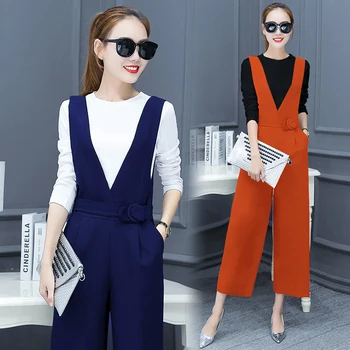 

2020 Spring women's casual crop tops with wide-legged pants suits female fashion Bib short +T-shirts two piece sets