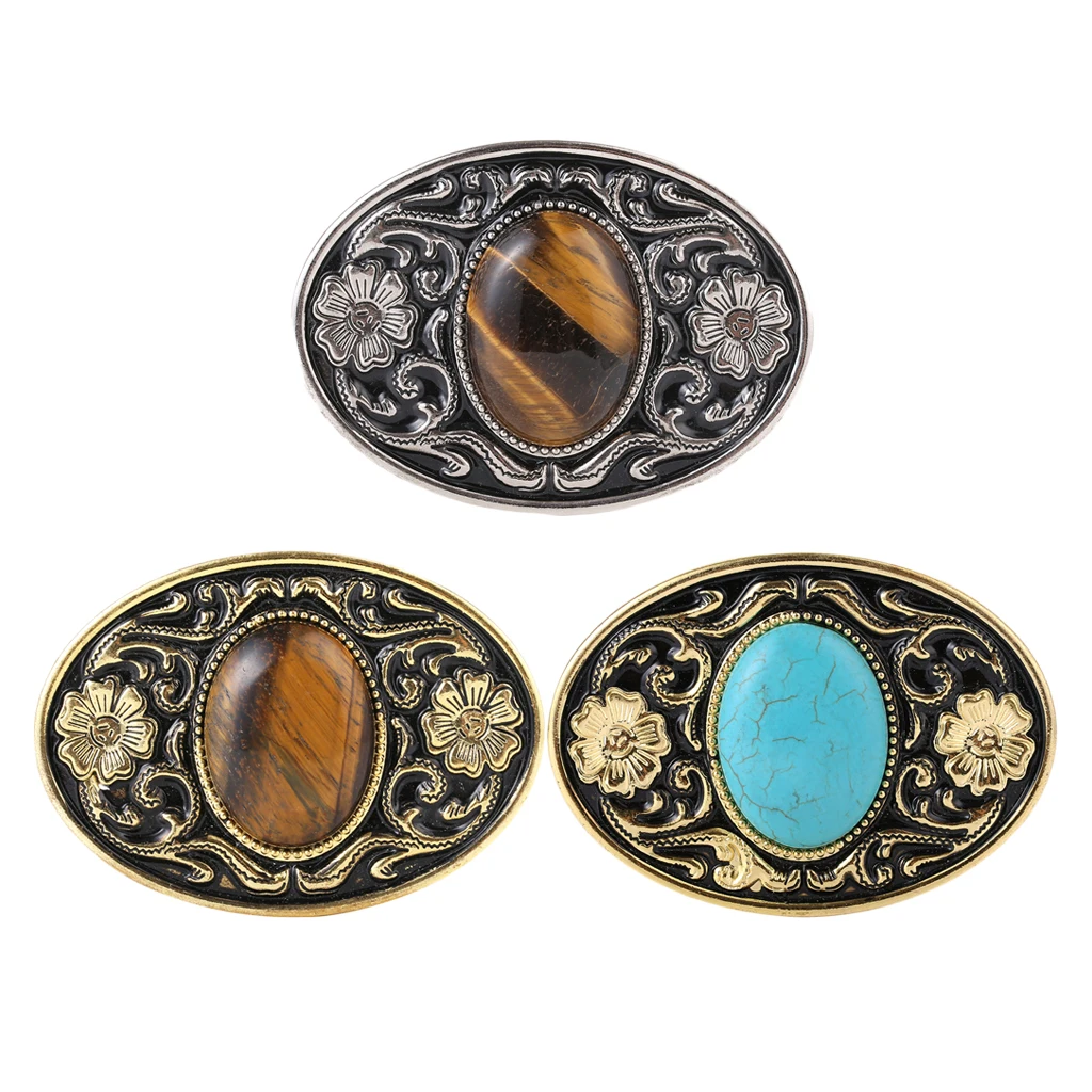 Mens Retro Style Belt Buckle Turquoise Stone Floral Pattern Buckle Accessory Belt Buckles