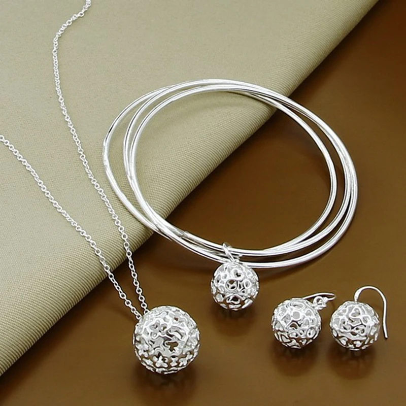 High Quality 925 Sterling Silver Fashion Simple Round Ball Necklace Bangles Earrings Jewelry Set For Women Men Gift