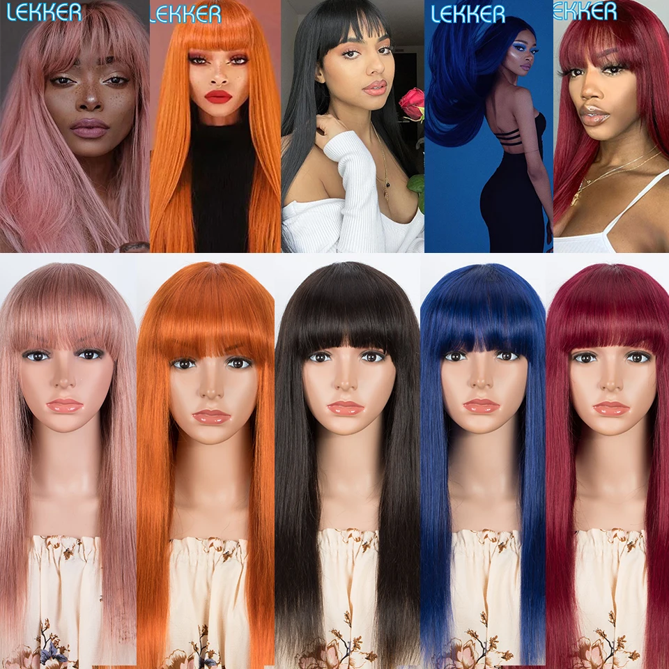 Lekker Colored Rainbow Long Silky Straight Human Hair Wig With Bangs For Black Women Brazilian Remy Nature Glueless Fashion Wig