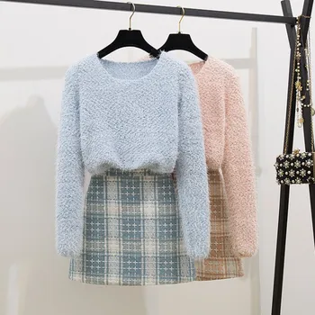 

2020 New Autumn Winter Two Piece Set Women Elegant Knitted Sweater Top + High Waist Plaid Tweed Mini Skirt Ladies Outfits