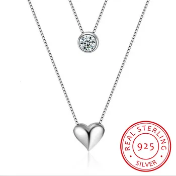 

Wholesale Fine Jewelry 925 Sterling Silver Double Layers Collarbone Necklace Chain Cz Love-heart Pendant Necklace For Women