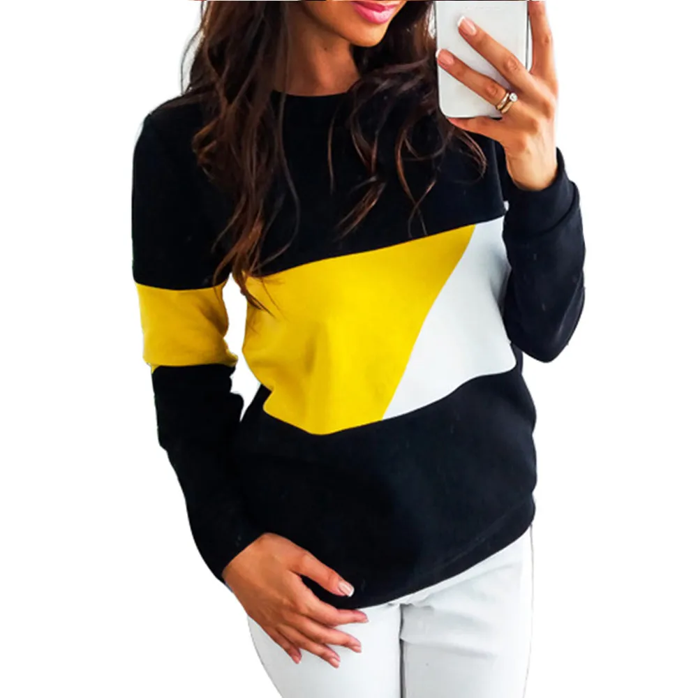

Fashion Patchwork Color Casual Tops T-shirt Long Sleeve Slim Fit Women Pullover Sweatshirt