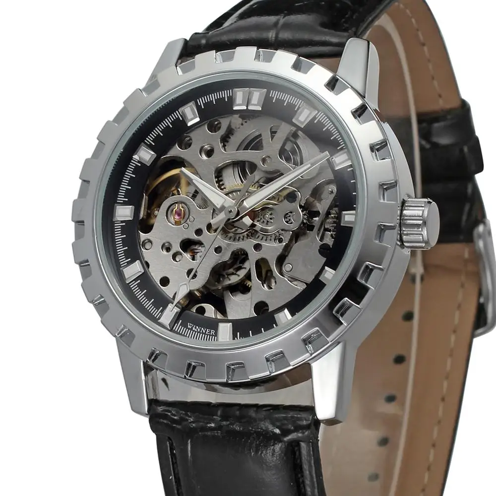 

WINNER Fashion Skeleton Men's Watches Automatic Mechanical wristwatch Leather Strap Ladies Watch Top Brand Luxury Halloween Gift