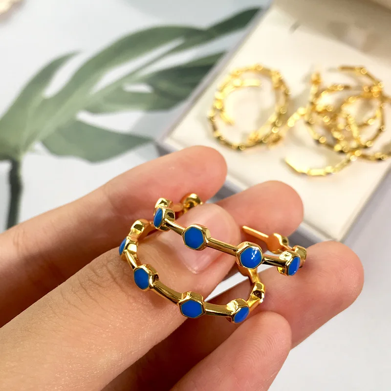 Woman exaggerated earrings circle autumn and winter new fashion luxury jewelry stainless steel drop oil honeycomb shape