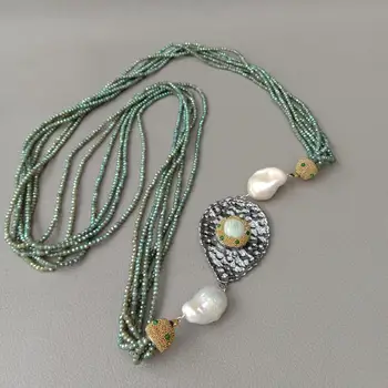 

37" 6 Rows Green Crystal White Keshi Pearl Amazonite Pendant sweater chain Necklace for women