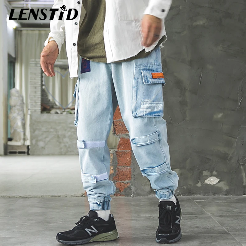 LENSTID Харадзюку хип штаны-карго из денима брюки карманы мужские уличные джинсы джоггеры тактические брюки осенние карманные шаровары