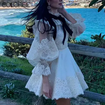 

Autumn Vintage Bow Long Lantern Sleeve Ruffles Lace Women Dress 2020 Beige Runway Dress Designers