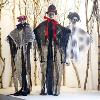 

Halloween Scary Door Hanging Ghost with Skull Face Clown Fake Curl Hair Ornament Party Haunted House Horror Bar Decoration Props