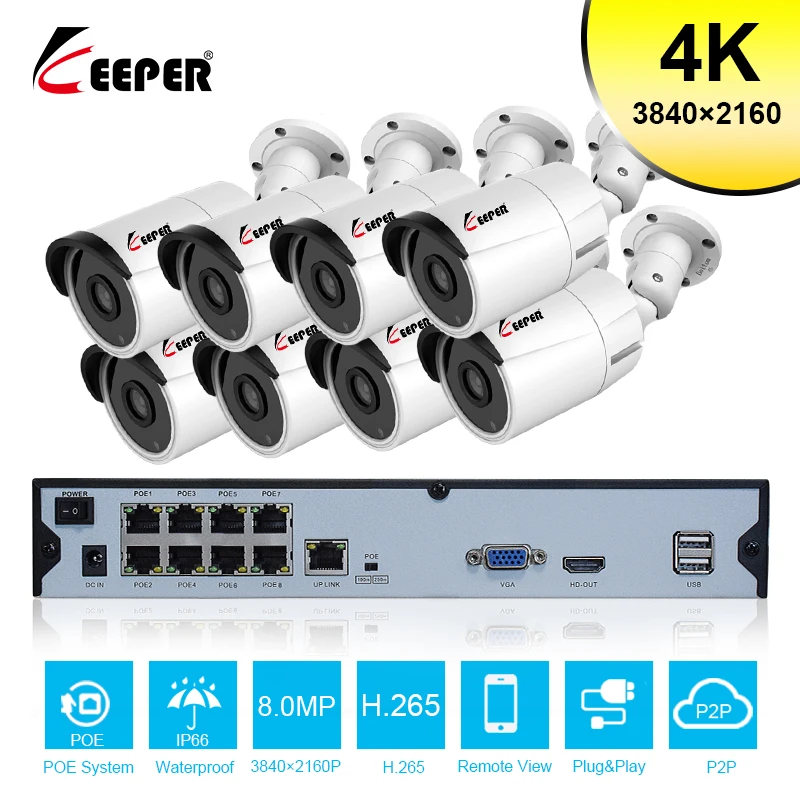 Сетевая система видеонаблюдения Keeper 8 каналов 4K Ultra HD POE Мп H.265 + сетевой