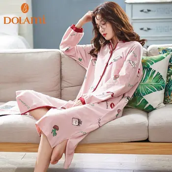 

2020 New Women Nightgown Sexy Print Cotton Sleepshirts Long Sleeve Female Nightie Middl Length Cardigan Dress Nightdress