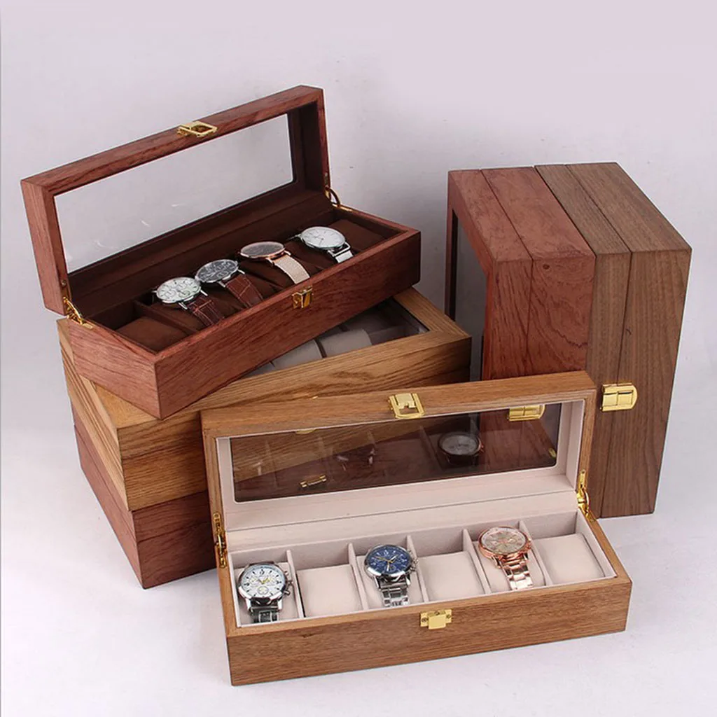  Caja rectangular de madera para relojes, organizador de relojes  de 3 bits, caja de exhibición, caja de paquete, gabinete de vidrio, ataúd  de madera para relojes (color negro) (marrón) caja de