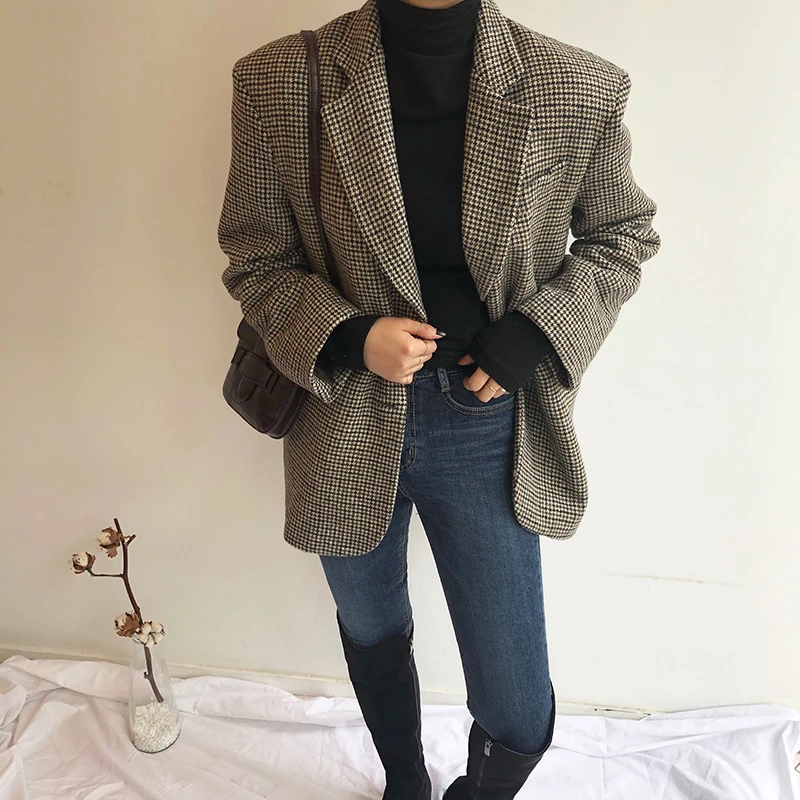 

New Autumn Winter Korea Fashion Women Long Sleeve Loose Casual Jackets Warm Thick Turn-down Collar Plaid Woolen Coat S84