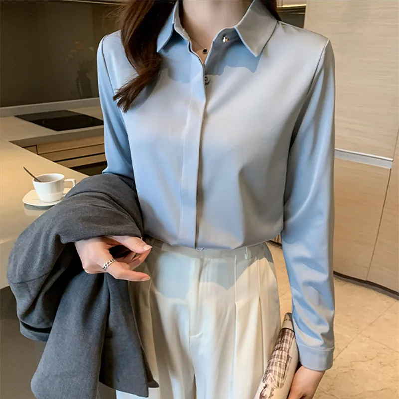 2022 Autumn Satin Women's Shirts Fashion Silk Button Solid OL Elegant Ladies Tops Long Sleeve Blouse Basic Women Shirts Blouses