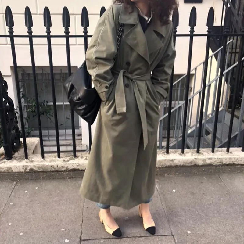 

Fall Women Long Oversized Trench Coat Ladies Solid Triple Breasted Windbreaker Pockets Lace Up Plus Size Outwear