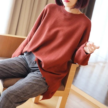 

Solid O-neck Knitted Christmas Sweater Women Red Pullover Drop Long Sleeve Lady Sweater Casual Modis Autumn Winter Pull Femme