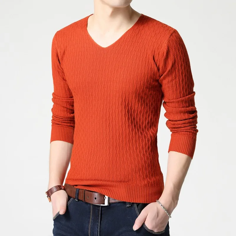 AKSR мужской свитер большого размера с v-образным вырезом однотонный шерстяной кашемировый теплый пуловер Джемпер мужской вязаный обтягивающий Свитер Fit Pull Homme - Цвет: Красный
