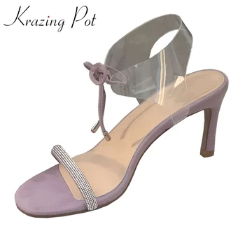 

Krazing pot peep toe stiletto high heels rhinestone gorgeous beauty lady nightclub shiny lace up bowtie mature sandals women L66