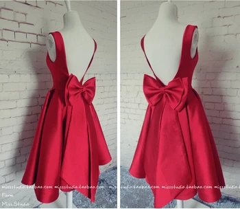 

real photos a-line 2018 new design hot sexy backless bow red satin custom knee-length short Prom party gown bridesmaid dresses