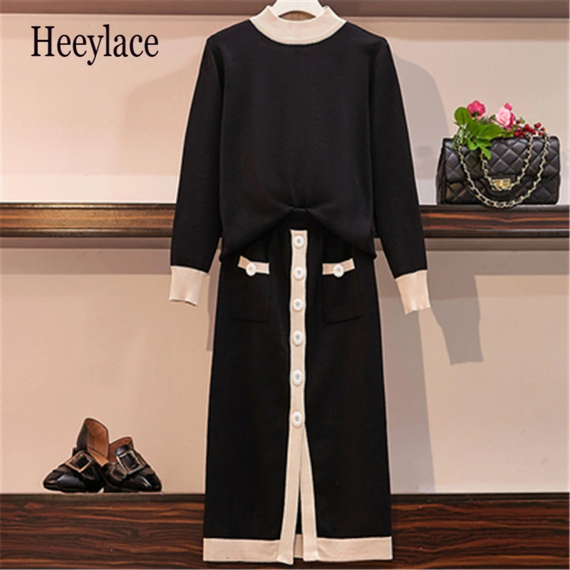 

Plus Size Knitted 2 Pieces Sets Women Sweaters Tops+Single Breasted Elastic High Waist Skirts Lady Office Autumn Winter Set 4XL
