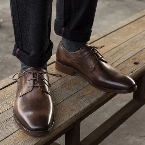 Brown Shoes Элегантные Мужские модельные туфли в деловом стиле с квадратным носком на шнуровке; вечерние туфли-оксфорды ручной работы из натуральной кожи на каблуке в стиле дерби; мужские свадебные туфли на плоской подошве; NHS168 - Цвет: Brown Shoes