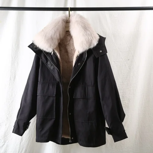 black beige OFTBUY стиль сафари парка пальто из натурального меха зимняя куртка для женщин натуральный Лисий меховой воротник Рекс кролик верхняя одежда на подкладке съемная - Цвет: black beige