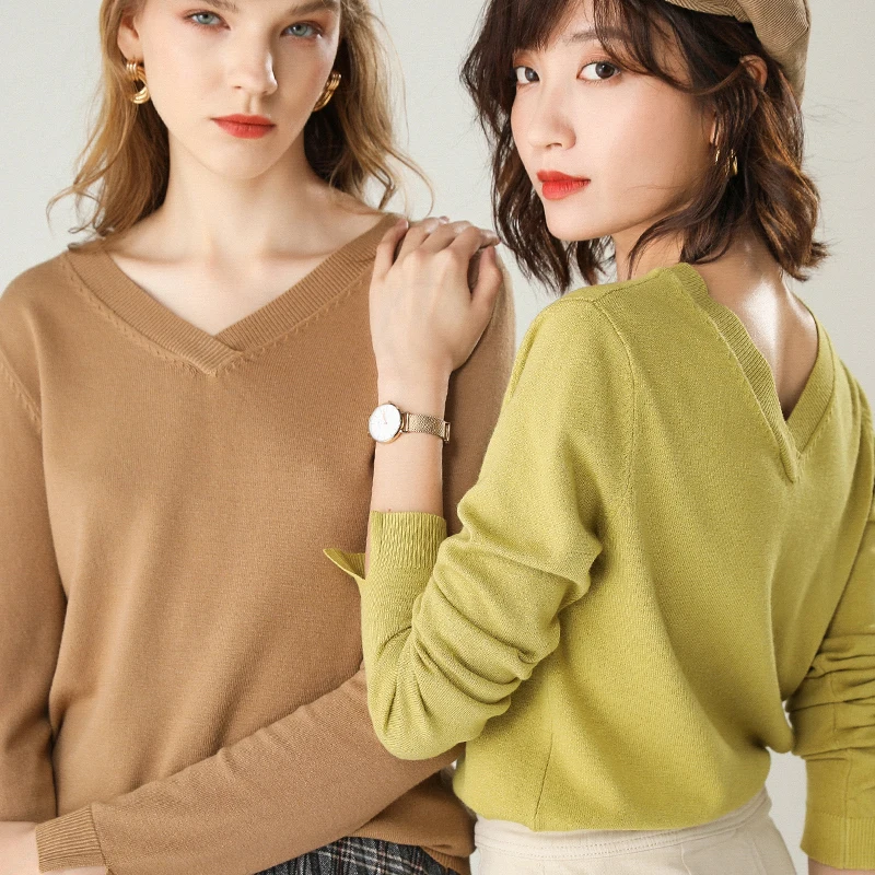 

2019 свитера женские Front and back V-neck cashmere sweater Women New V collar Pullover Tops Solid Cashmere Sweater Female