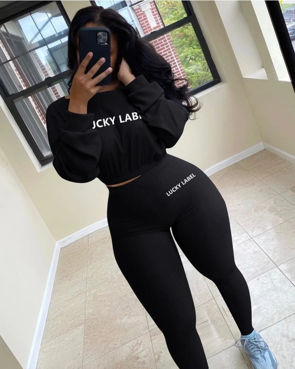 Winter Solid Lucky Label Letter Embroidery Two Piece Sets Women Sweatshirt+Leggings Casual Sporty Tracksuits Female womens suit set