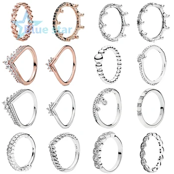 

Bule Star 100% 925 Sterling Silver pandoras ring Enchanted Crown Ring with Black Crystal Sparkling Leaves Stackable Ring