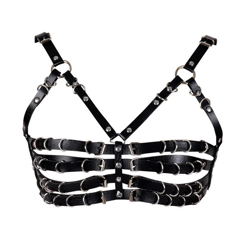 PG0464 Black PU Leather Harness Cage Bra Sexy Lingerie Fetish Punk Gothic Chest Body Bondage Crop Tops Adjust Hollow Out Harness Bra - Цвет: PG0464