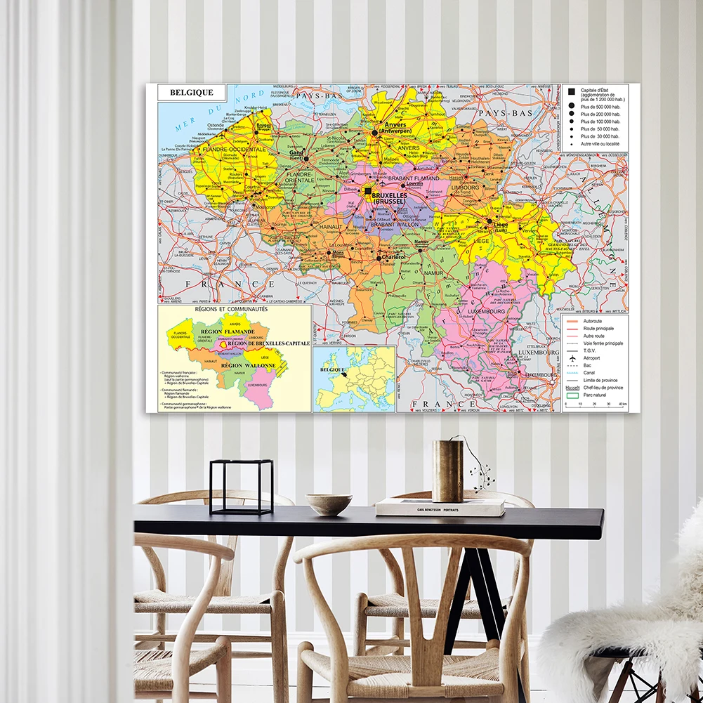 Póster de arte de pared francés para decoración del hogar, pintura en lienzo no tejida, mapa de tráfico y política de Bélgica, suministros escolares, 5x3 pies