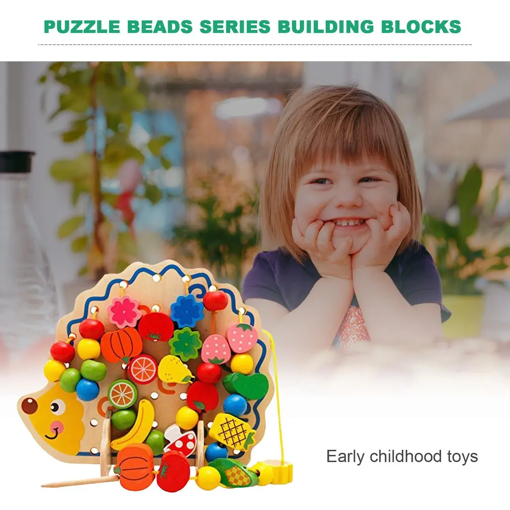 Wooden Fruits and Vegetables Lacing& Stringing Beads Toys with Hedgehog Board for Above 3 Years Old Kids