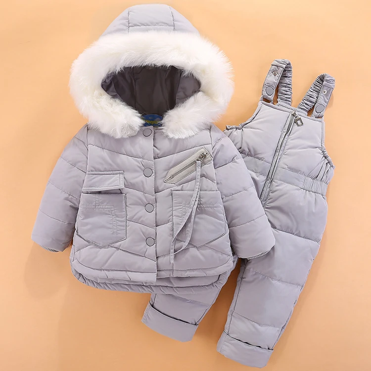 Серый Olekid/ комплект зимней одежды для малышей, теплый пуховик с капюшоном, комбинезон, костюм для маленьких девочек, зимний костюм для маленьких мальчиков 1-4 лет - Цвет: Серый