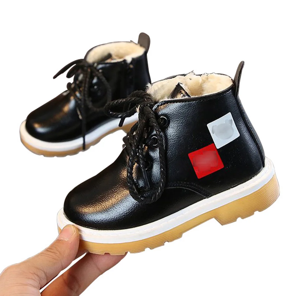 K35 black Winter Toddler Boots New Arrival Fashion Lace Up Boys Girls PU Martin Ankle Boots Thicken Warm Velvt Flat Boots for Kids Child - Цвет: K35 black