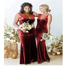 

Elegant Bridesmaid Dress V Neck Mermaid Velvet Evening Women's Dresses Maid of Honor Sleeveless Sweep Train Gowns