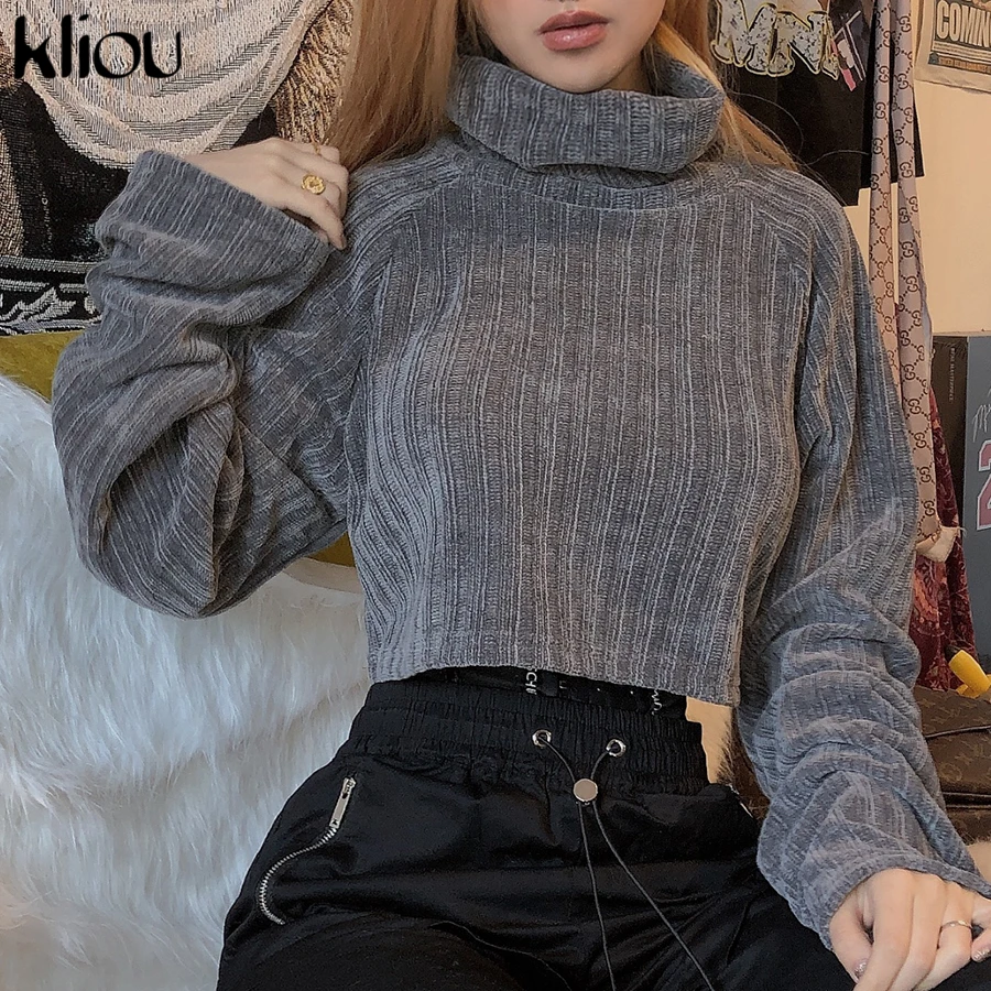 KLiou, длинный рукав, водолазка, толстые кофты для женщин,, осень, зима, пуловер, короткие толстовки, модная уличная одежда, Короткие топы