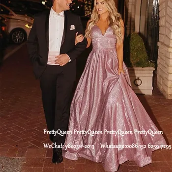 

2020 Pink Sequined Evening Dress For Women Robe De Soiree Maxi Long Sweep Train A Line Formal Prom Dresses Gown