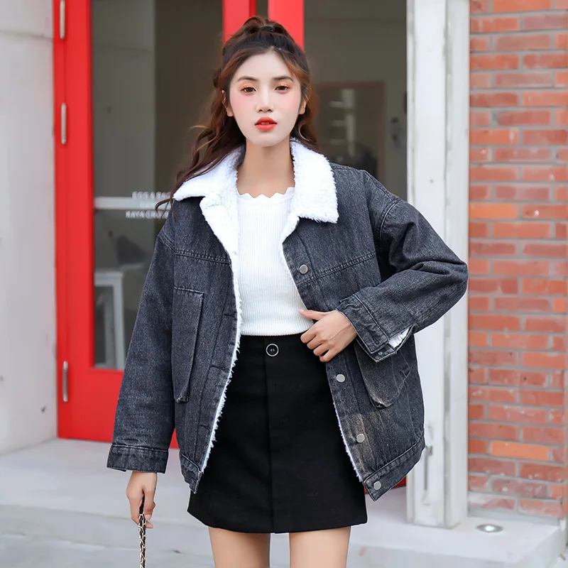 

2019 Autumn New Style Korean-style Loose-Fit Lambs Wool Cotton-padded Clothes Thick Jeans Coat Women's College Style