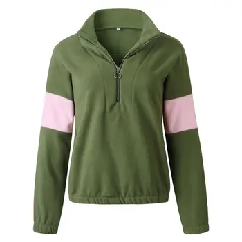 

2019 Women Autumn Winter Zipper Up Polar Fleece Turtleneck Pullover Casual Long Sleeve Color Stiching Hoodies Sweatshirt Outwear