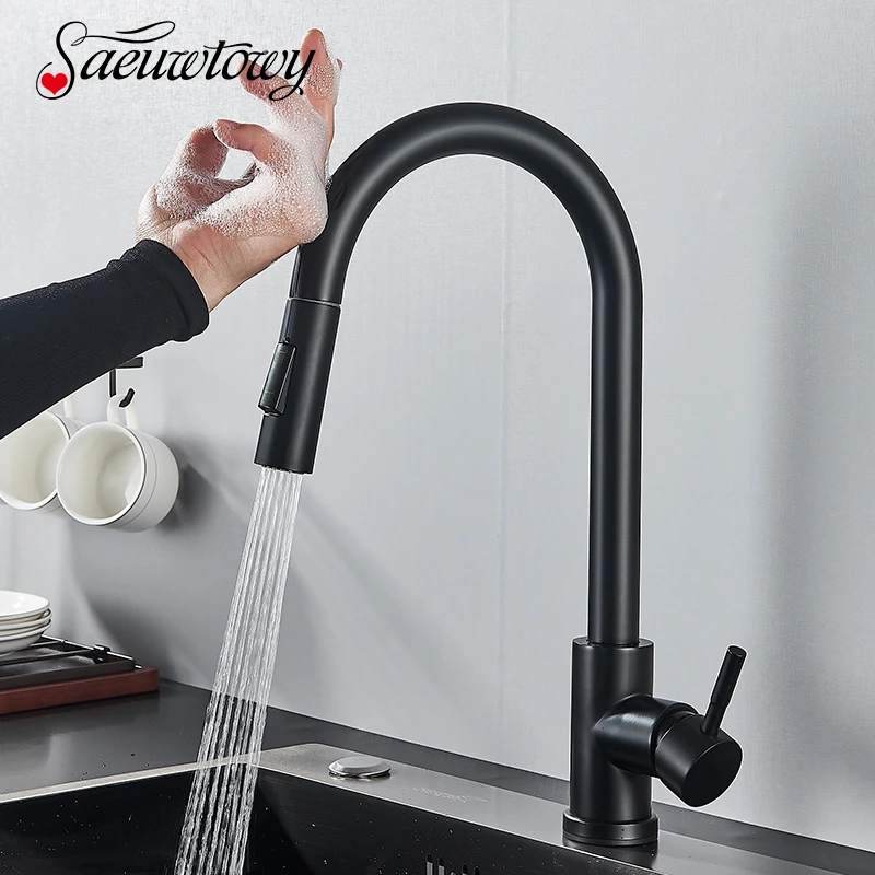 Matte Black Touch Sensor Kitchen Faucet Pull Out Smart Sensor Kitchen Faucet Double Water Mode Mixer Tap Rotate Hot Cold Crane pot filler faucet