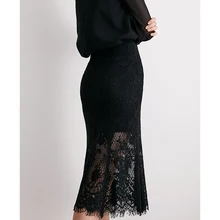 POKWAI Женская высокая талия вырез Кружевная панель средней длины облегающая юбка рыбий хвост